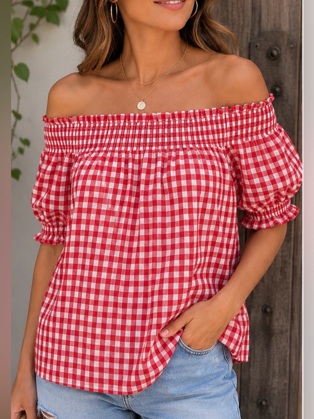 LOFT Red and White Gingham Off-Shoulder Top